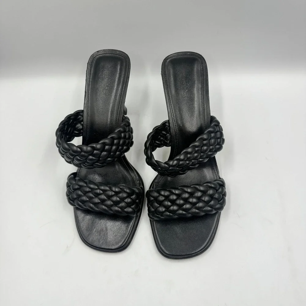 Michael Kors Clara Black Braided DoubleStrap Slide Sandals Heeled Mules SG21A 9M